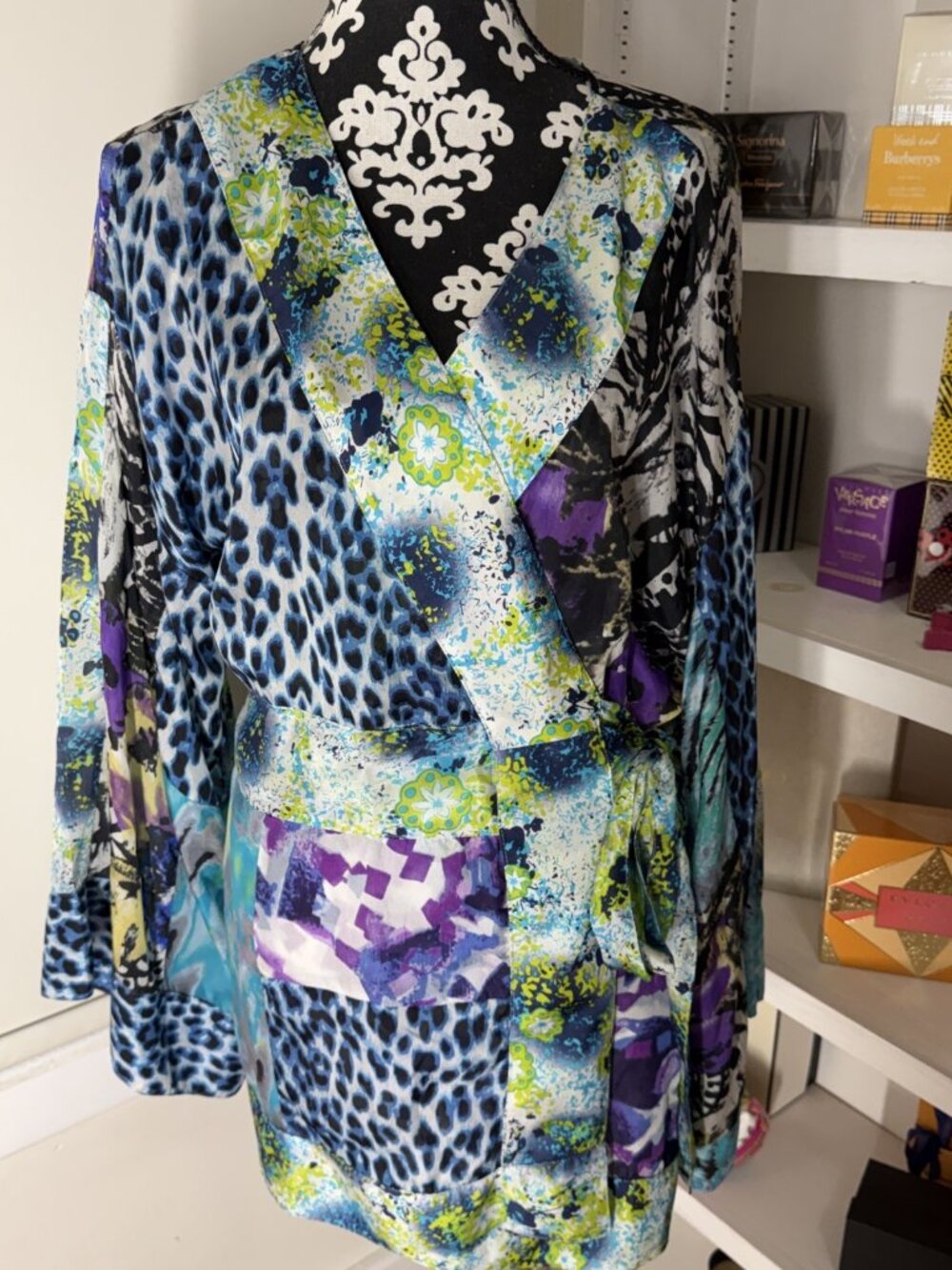 DG2 Diane Gilman 100% Silk Kimono Wrap Top Blouse Jewel Tones Vibrant 1X Lovely
